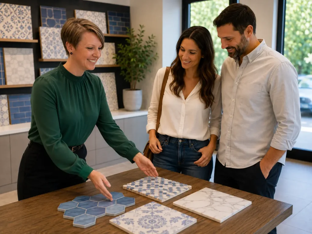 A design consultant showing various tile samples to a couple during a showroom consultation.