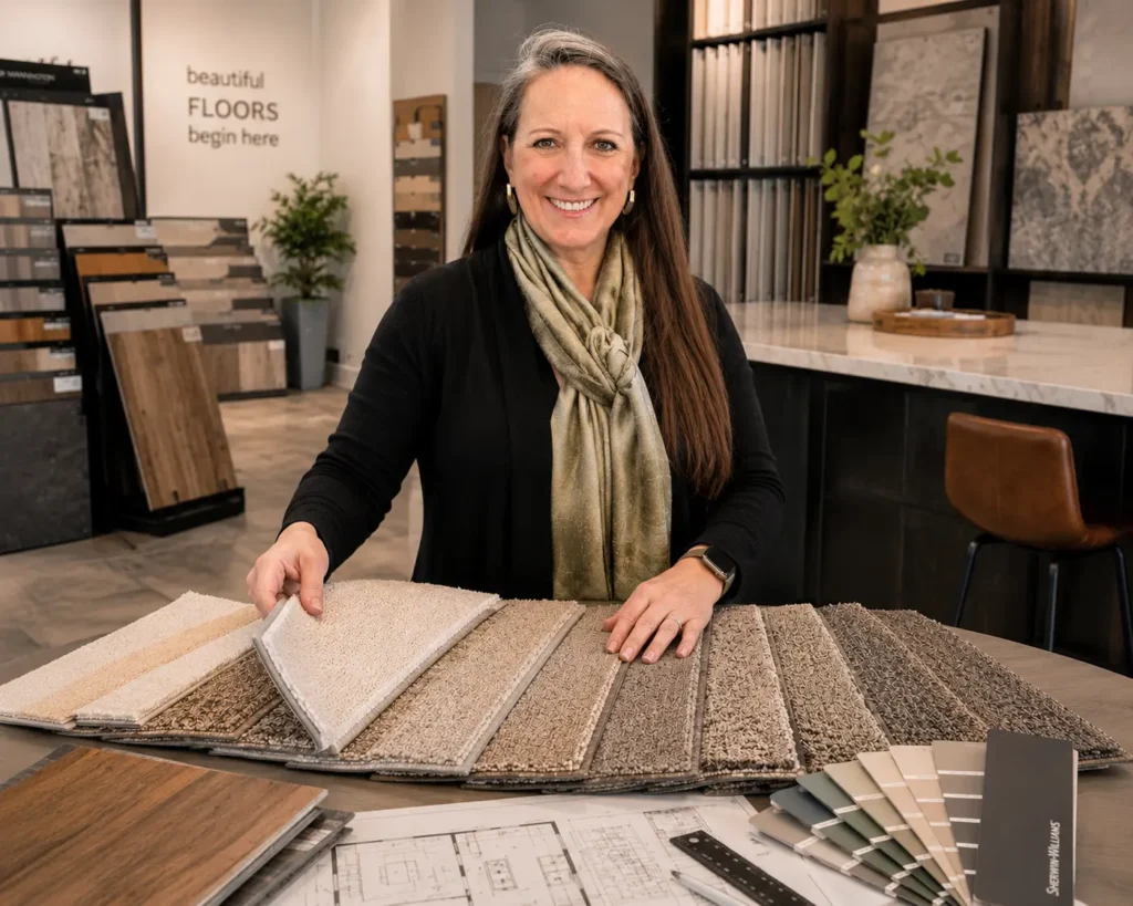 A design consultant presenting a selection of carpet samples in a flooring showroom.