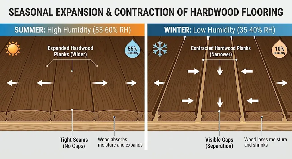 How hardwood floor gaps form dry Colorado winter climate diagram