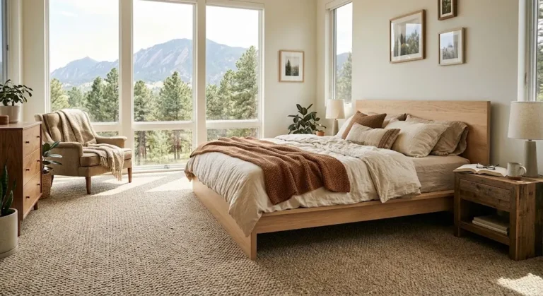 Wool carpet installed Boulder Colorado bedroom natural fiber flooring