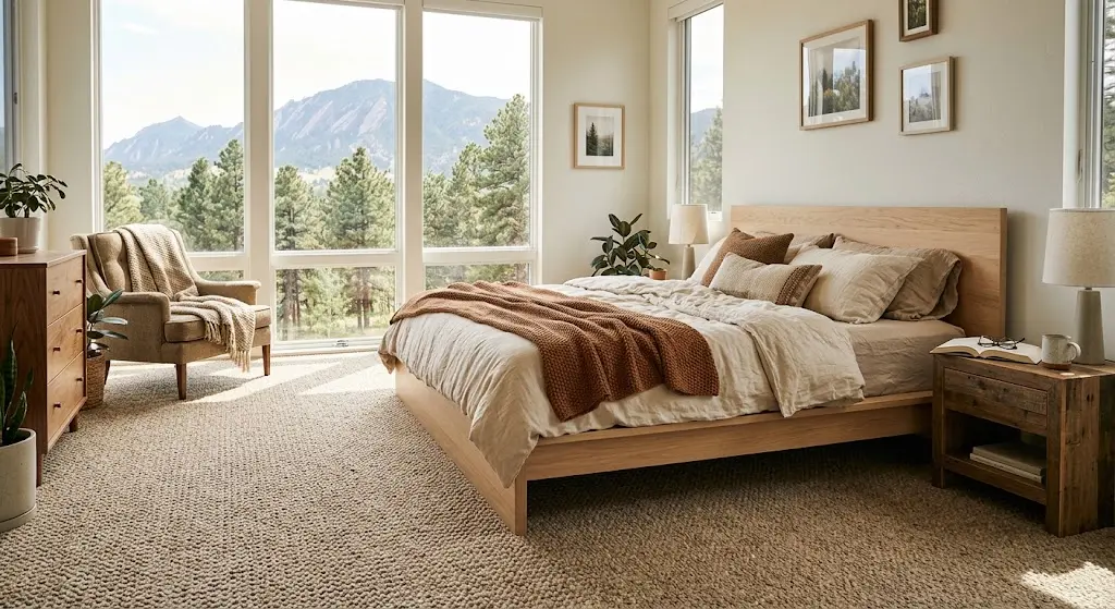 Wool carpet installed Boulder Colorado bedroom natural fiber flooring