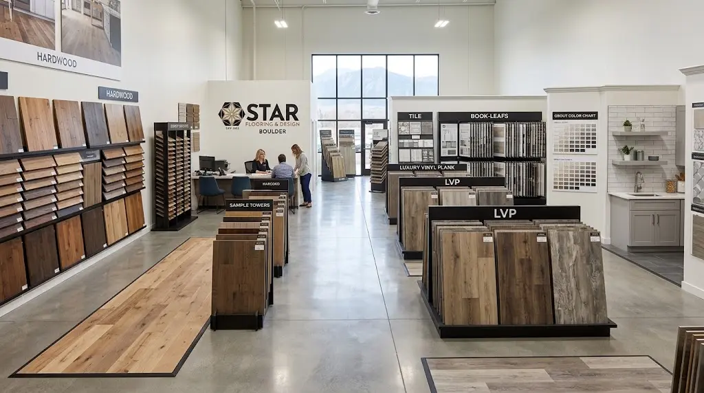 Star Flooring and Design showroom Boulder CO flooring selection hardwood LVP tile.